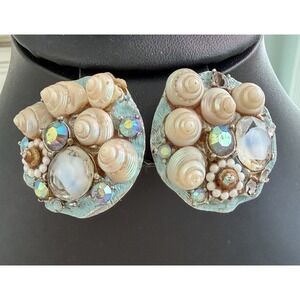Vintage ART Shell Rhinestone Clip On‎ Earrings Mermaidcore Mid Century Statement